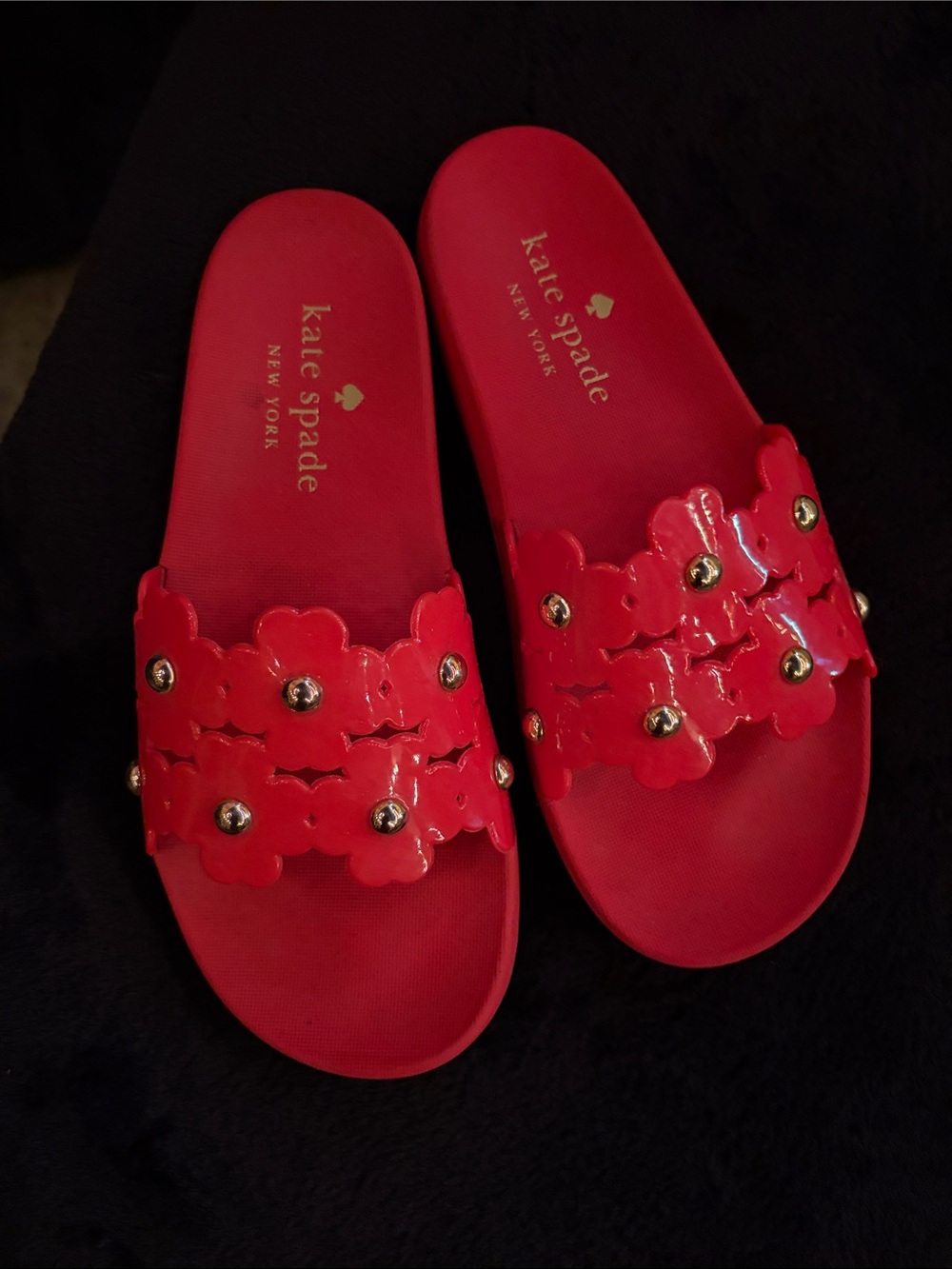 kate spade red patent floral slide sandals with gold-tone studs